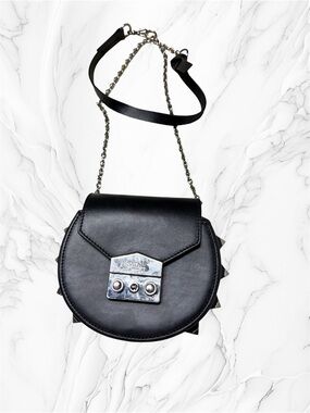 Salar Milano Carol studded black leather mini crossbody bag silver chain strap